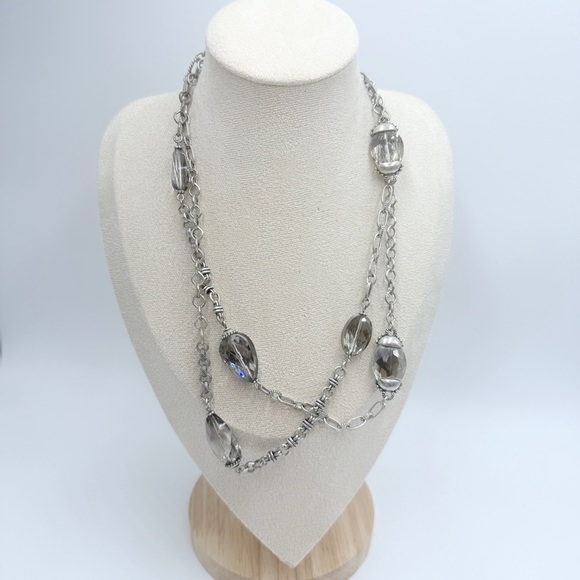 Chico’s Long Elegant Silver Chain Necklace with Large Clear Beads - Picture 1 of 8